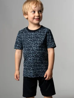 Kurzer Schlafanzug mit Smiley-Motiv Navy