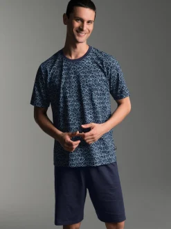 Kurzer Schlafanzug mit Smiley-Motiv Navy