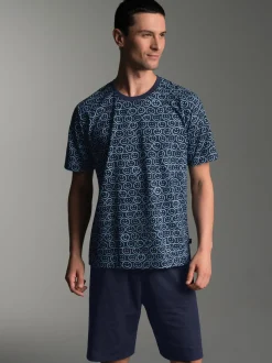 Kurzer Schlafanzug mit Smiley-Motiv Navy