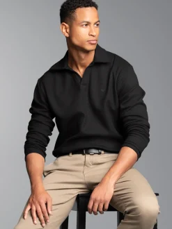 Langarm Poloshirt ohne Knopfleiste in Waffeloptik Schwarz