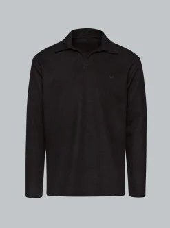 Langarm Poloshirt ohne Knopfleiste in Waffeloptik Schwarz