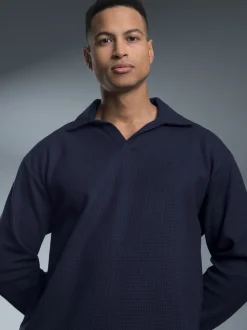 Langarm Poloshirt ohne Knopfleiste in Waffeloptik Navy
