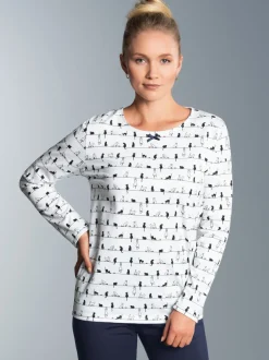 Langarmshirt mit Katzenmotiv Weiss