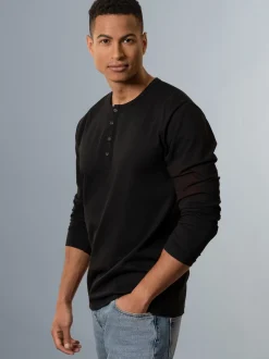 Langarmshirt mit Knopfleiste Schwarz
