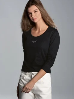 Langarmshirt mit Kristallsteinen Schwarz