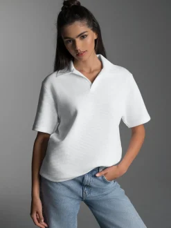 Oversized Poloshirt ohne Knopfleiste in Waffeloptik Weiss