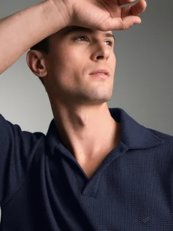 Oversized Poloshirt ohne Knopfleiste in Waffeloptik Navy