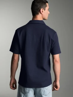 Oversized Poloshirt ohne Knopfleiste in Waffeloptik Navy