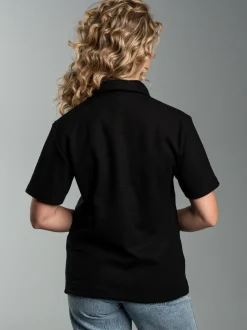 Oversized Poloshirt ohne Knopfleiste in Waffeloptik Schwarz
