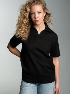 Oversized Poloshirt ohne Knopfleiste in Waffeloptik Schwarz