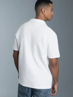 Oversized Poloshirt ohne Knopfleiste in Waffeloptik Weiss