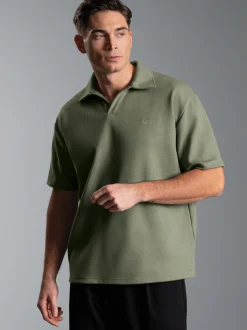 Oversized Poloshirt ohne Knopfleiste in Waffeloptik Salbei