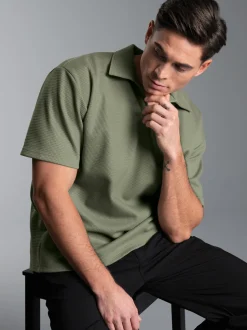 Oversized Poloshirt ohne Knopfleiste in Waffeloptik Salbei