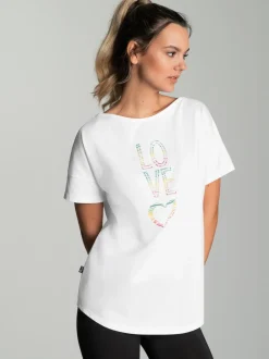 Oversized T-Shirt mit bunten Printmotiven Weiss
