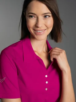 Poloshirt aus Baumwolle mit Kristallsteinen Magenta