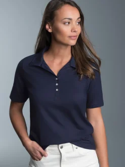 Poloshirt aus Baumwolle mit Kristallsteinen Navy