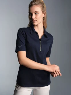 Slim Fit Poloshirt mit Kristallsteinen Navy