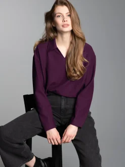 Sweatshirt mit Kragen und V-Ausschnitt Aubergine