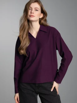 Sweatshirt mit Kragen und V-Ausschnitt Aubergine