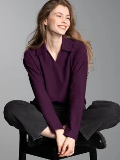 Sweatshirt mit Kragen und V-Ausschnitt Aubergine