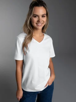 T Shirt aus Biobaumwolle mit V-Ausschnitt Weiss