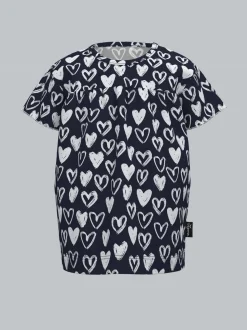 T Shirt mit Druckknöpchen und Allover-Druck "Herzen" Navy