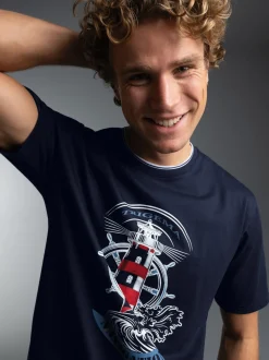 T Shirt mit Leuchtturm Motiv Navy