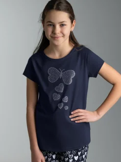 T Shirt mit Strass Motiv "Schmetterling" Navy