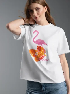 T Shirt mit "Tropical" Print Weiss