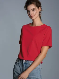 T-Shirt DELUXE Baumwolle mit Kristallsteinen Kirsch