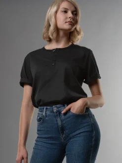 T-Shirt mit Knopfleiste DELUXE Baumwolle Schwarz