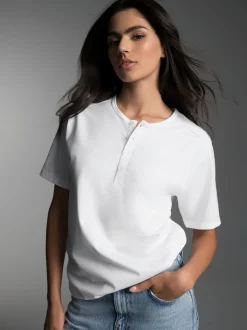 T-Shirt mit Knopfleiste DELUXE Baumwolle Weiss