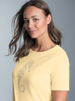 T-Shirt mit Seepferdchen-Print aus Strasssteinchen Vanille