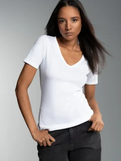 V-Shirt aus Baumwolle/Elastan Weiss